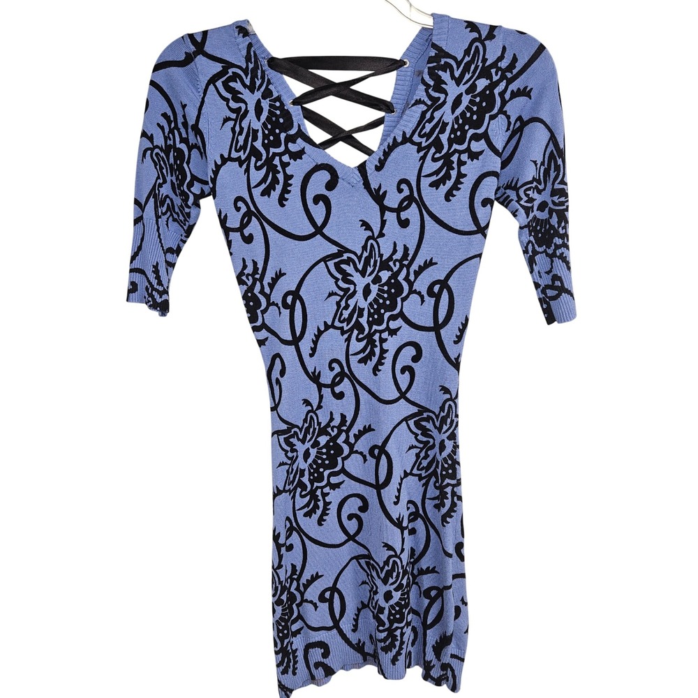Joyce Leslie Womens Blue Black Floral Lace Up Back Knit Top 3/4 Sleeve Small